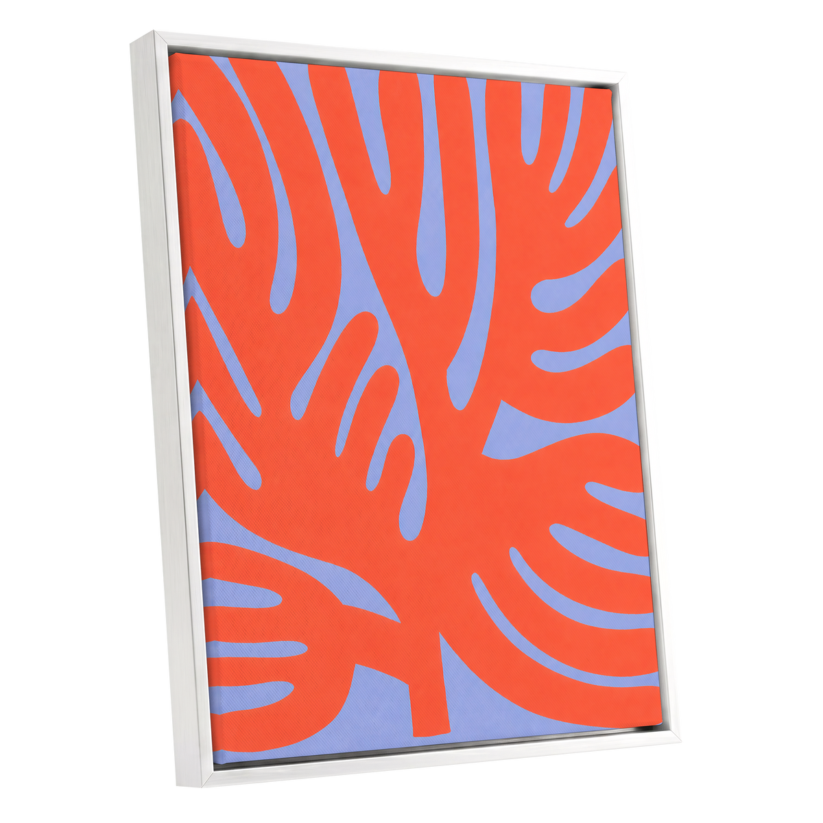 Tangerine Tangle, orange, blue, purple nature wall art shown as a white framed canvas wall art