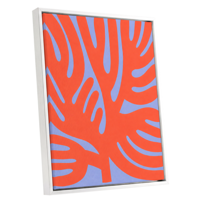 Tangerine Tangle, orange, blue, purple nature wall art shown as a white framed canvas wall art