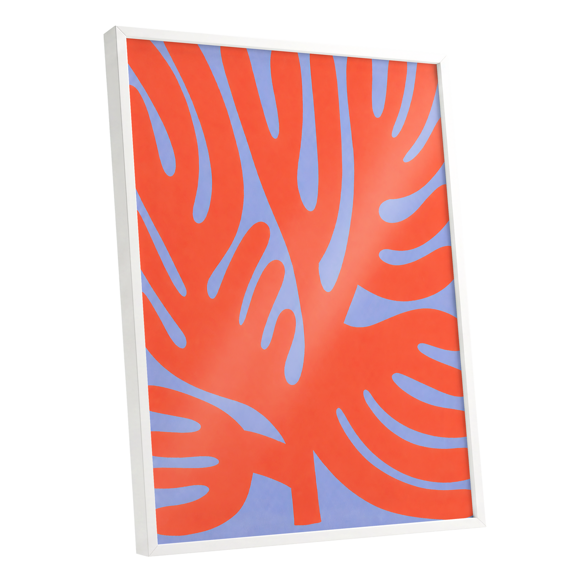 Tangerine Tangle, orange, blue, purple nature wall art shown as a white framed poster wall art print