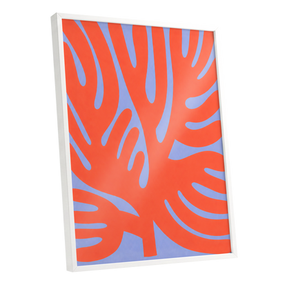 Tangerine Tangle, orange, blue, purple nature wall art shown as a white framed poster wall art print