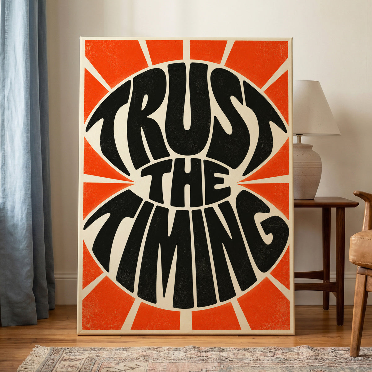 Tangerine Timing, black, orange, beige abstract wall art on canvas displayed in a styled interior, gallery view 1