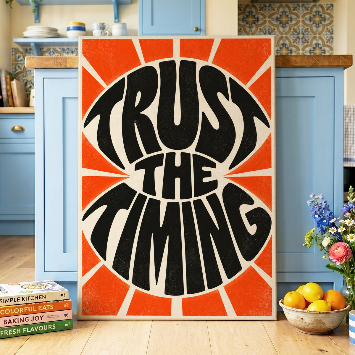 Tangerine Timing, black, orange, beige abstract wall art on canvas displayed in a styled interior, gallery view 2