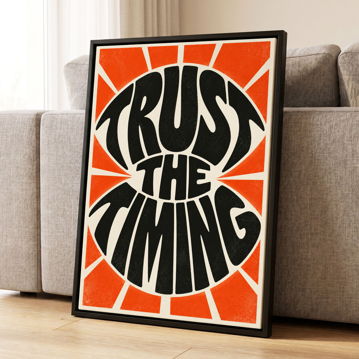 Tangerine Timing, black, orange, beige abstract wall art displayed in a styled interior, gallery view 1