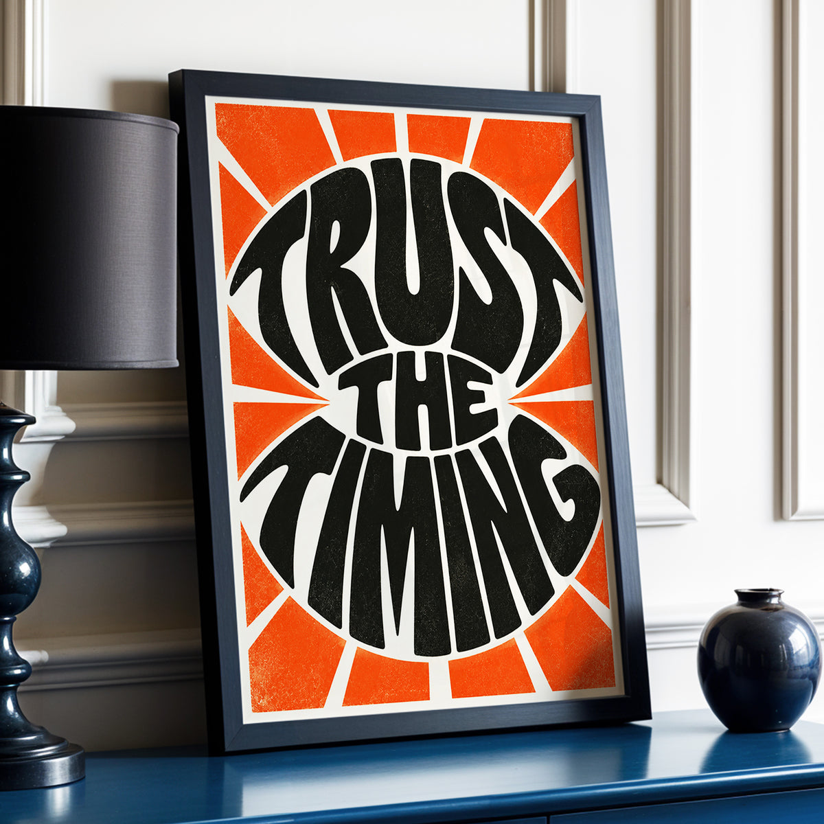 Tangerine Timing, black, orange, beige abstract wall art displayed in a styled interior, gallery view 2