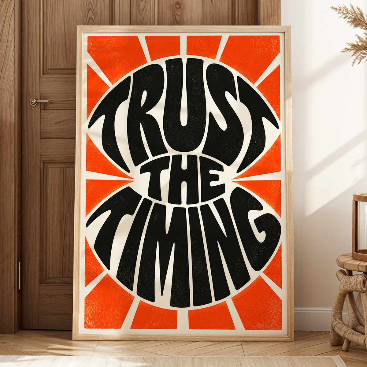 Tangerine Timing, black, orange, beige abstract wall art displayed in a styled interior, gallery view 3