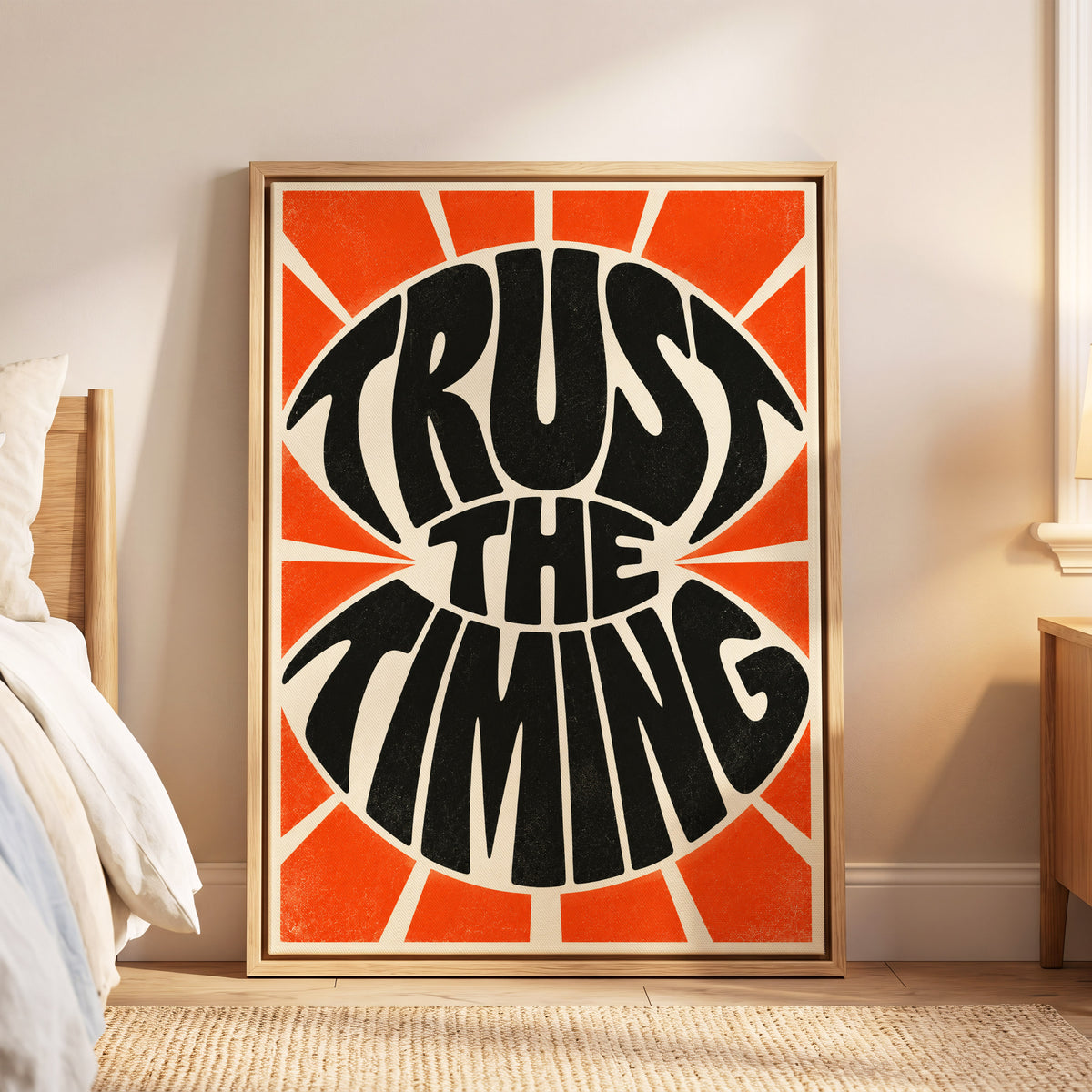 Tangerine Timing, black, orange, beige abstract wall art displayed in a styled interior, gallery view 5