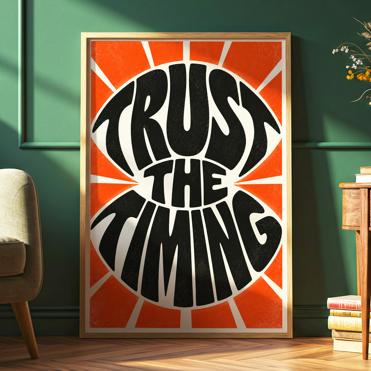 Tangerine Timing, black, orange, beige abstract wall art displayed in a styled interior, gallery view 6