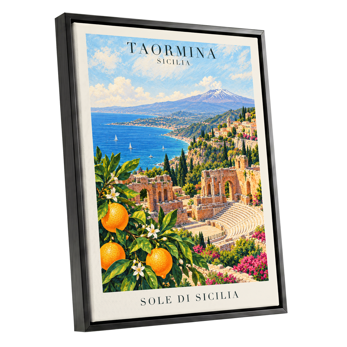 Taormina Sunlit Shores, blue, green, orange nature wall art shown as a black framed canvas wall art
