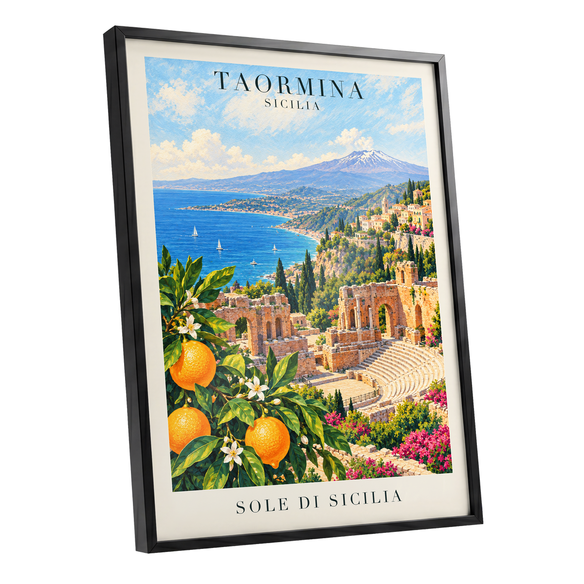 Taormina Sunlit Shores, blue, green, orange nature wall art shown as a black framed poster wall art print