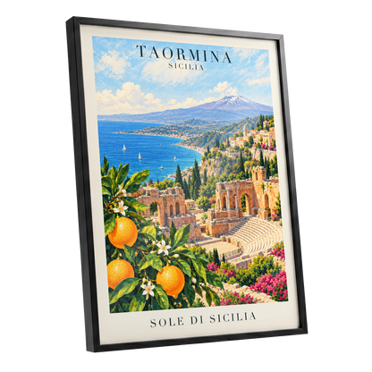 Taormina Sunlit Shores, blue, green, orange nature wall art shown as a black framed poster wall art print