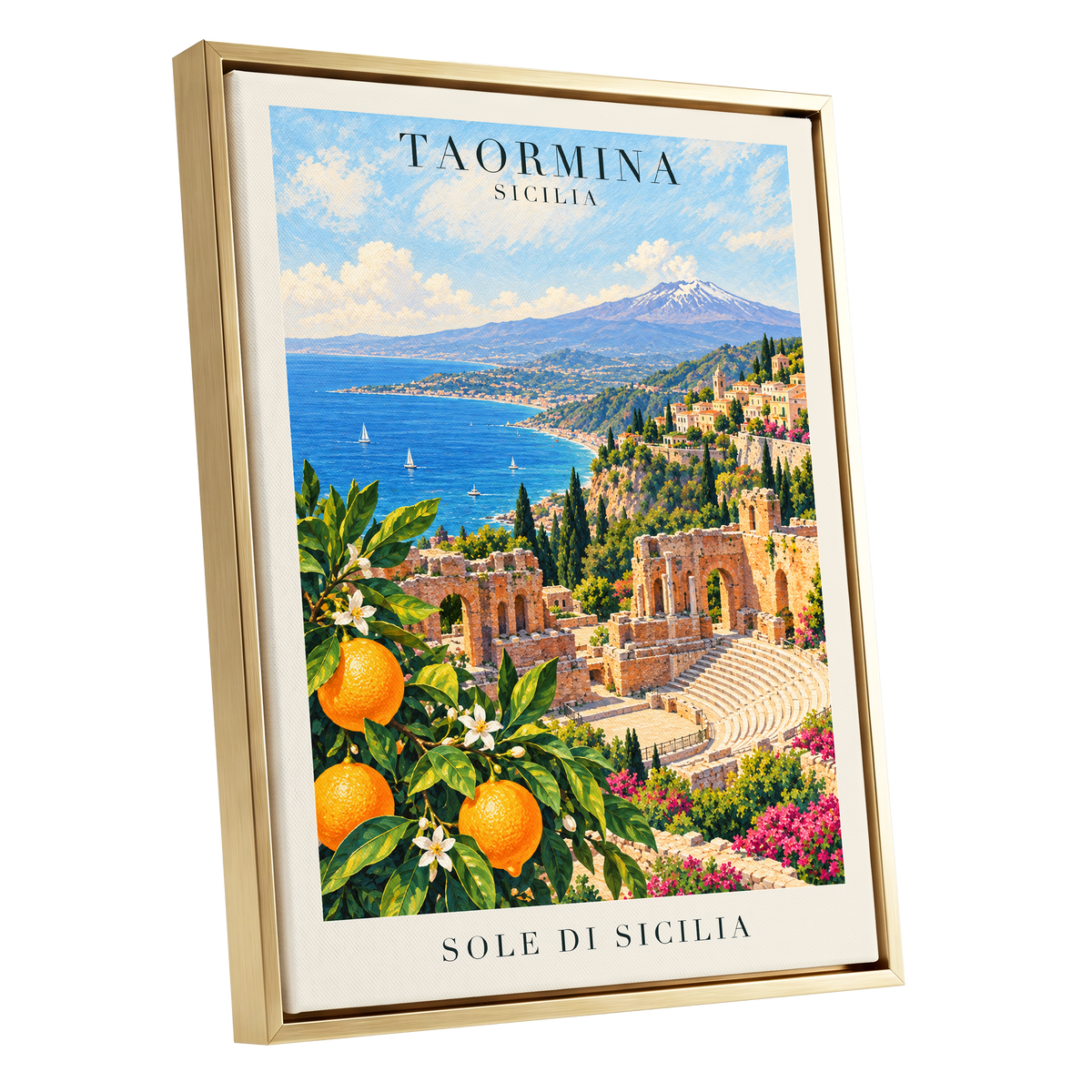 Taormina Sunlit Shores, blue, green, orange nature wall art shown as a gold framed canvas wall art