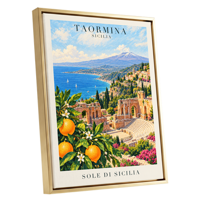 Taormina Sunlit Shores, blue, green, orange nature wall art shown as a gold framed canvas wall art