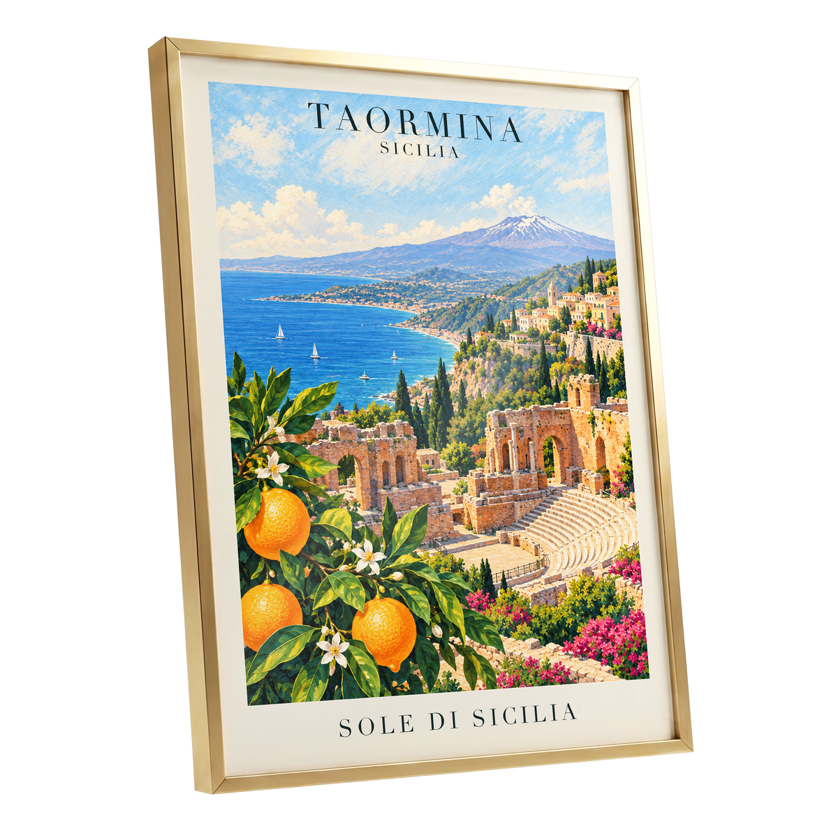 Taormina Sunlit Shores, blue, green, orange nature wall art shown as a gold framed poster wall art print