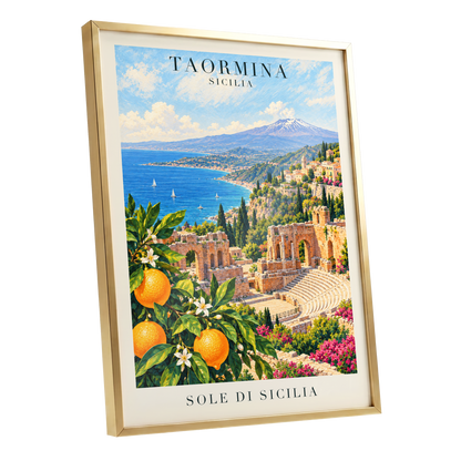 Taormina Sunlit Shores, blue, green, orange nature wall art shown as a gold framed poster wall art print