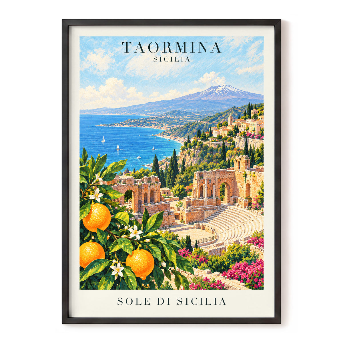 Taormina Sunlit Shores, blue, green, orange nature wall art, front artwork view