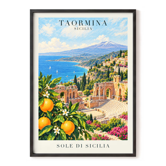 Taormina Sunlit Shores, blue, green, orange nature wall art, front artwork view