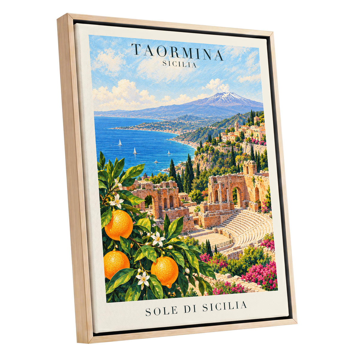 Taormina Sunlit Shores, blue, green, orange nature wall art shown as a oak framed canvas wall art