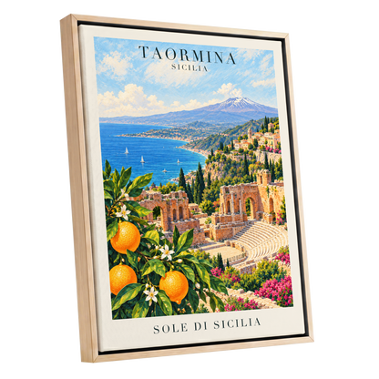 Taormina Sunlit Shores, blue, green, orange nature wall art shown as a oak framed canvas wall art