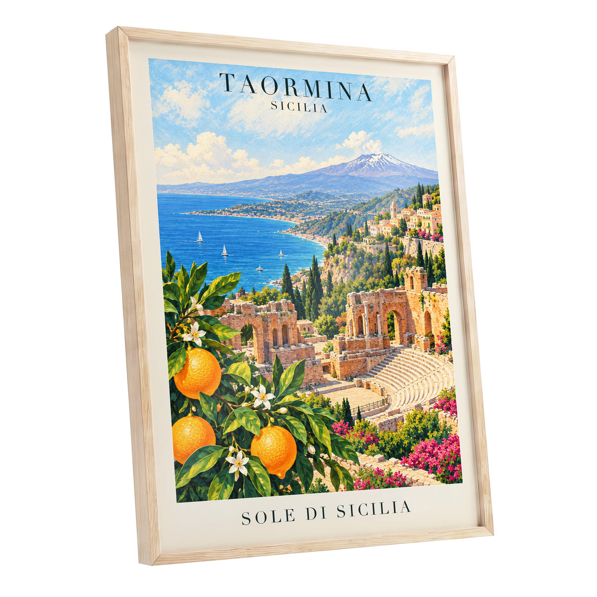 Taormina Sunlit Shores, blue, green, orange nature wall art shown as a oak framed poster wall art print