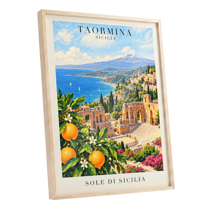 Taormina Sunlit Shores, blue, green, orange nature wall art shown as a oak framed poster wall art print