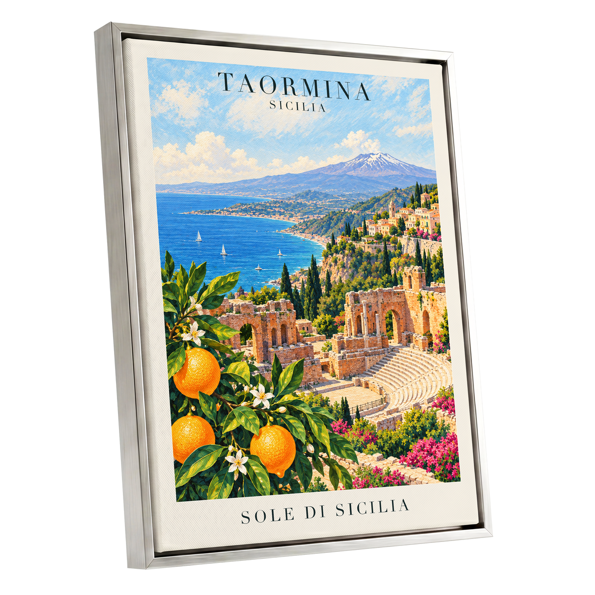 Taormina Sunlit Shores, blue, green, orange nature wall art shown as a silver framed canvas wall art