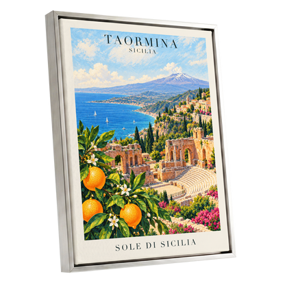 Taormina Sunlit Shores, blue, green, orange nature wall art shown as a silver framed canvas wall art