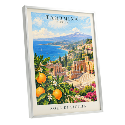 Taormina Sunlit Shores, blue, green, orange nature wall art shown as a silver framed poster wall art print