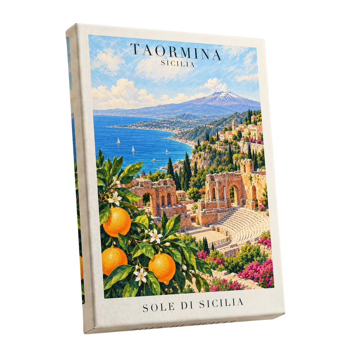 Taormina Sunlit Shores, blue, green, orange nature wall art shown as a stretched canvas wall art