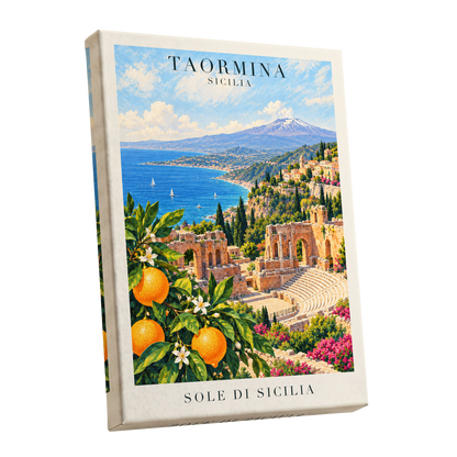 Taormina Sunlit Shores, blue, green, orange nature wall art shown as a stretched canvas wall art