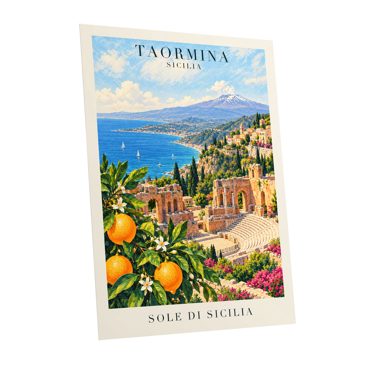 Taormina Sunlit Shores, blue, green, orange nature wall art shown as a unframed poster wall art print