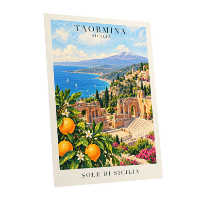 Taormina Sunlit Shores, blue, green, orange nature wall art shown as a unframed poster wall art print