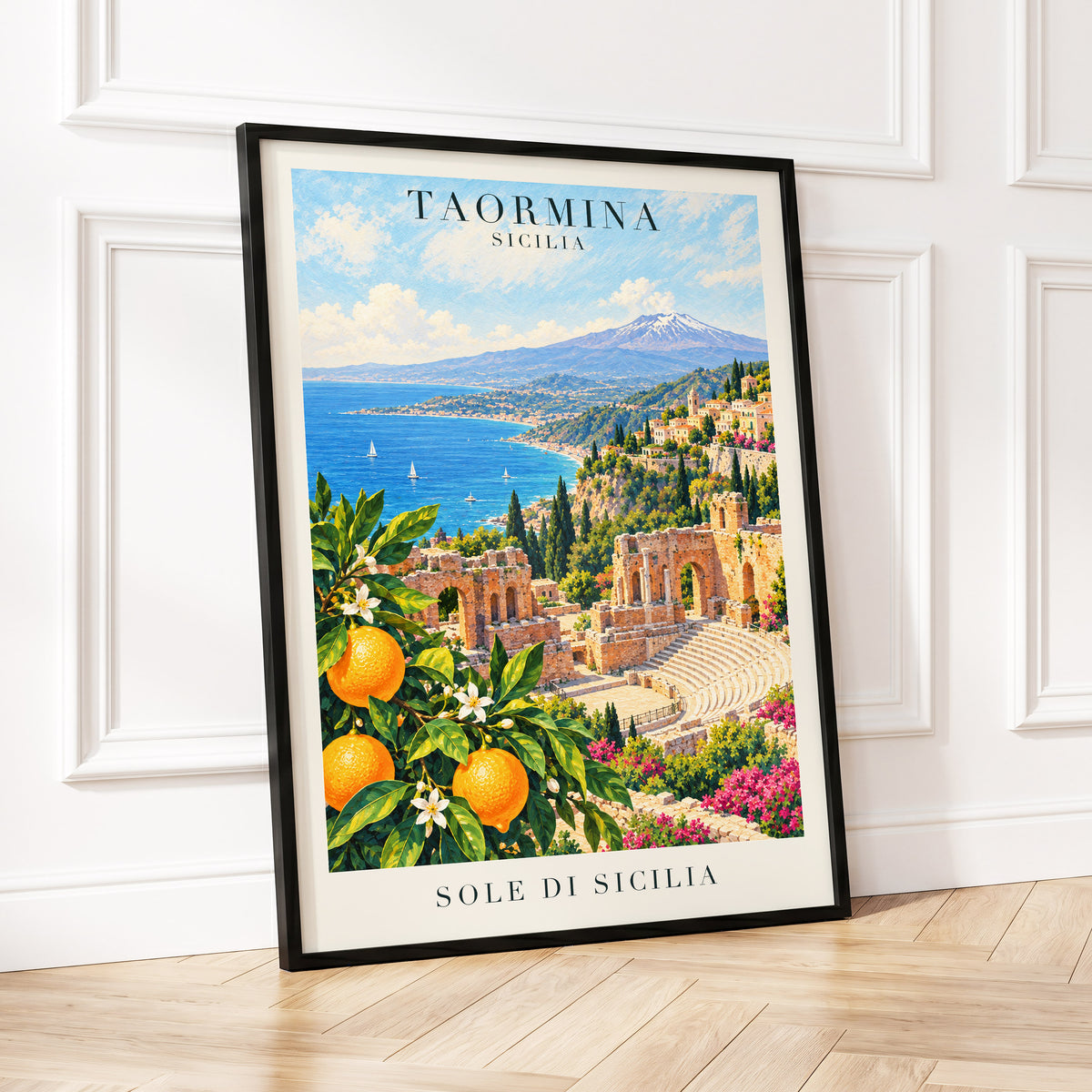 Taormina Sunlit Shores, blue, green, orange nature wall art displayed in a styled interior, gallery view 2