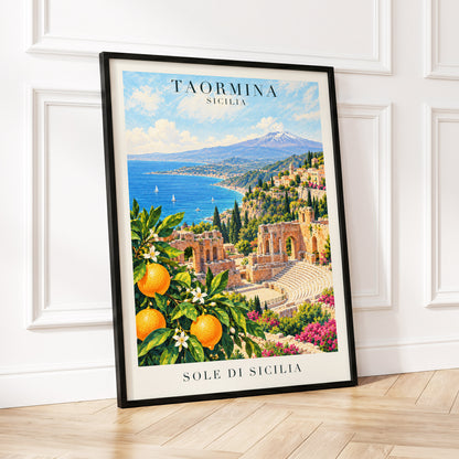 Taormina Sunlit Shores, blue, green, orange nature wall art displayed in a styled interior, gallery view 2