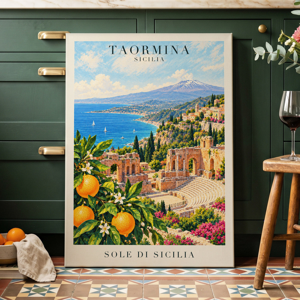Taormina Sunlit Shores, blue, green, orange nature wall art displayed in a styled interior, gallery view 3