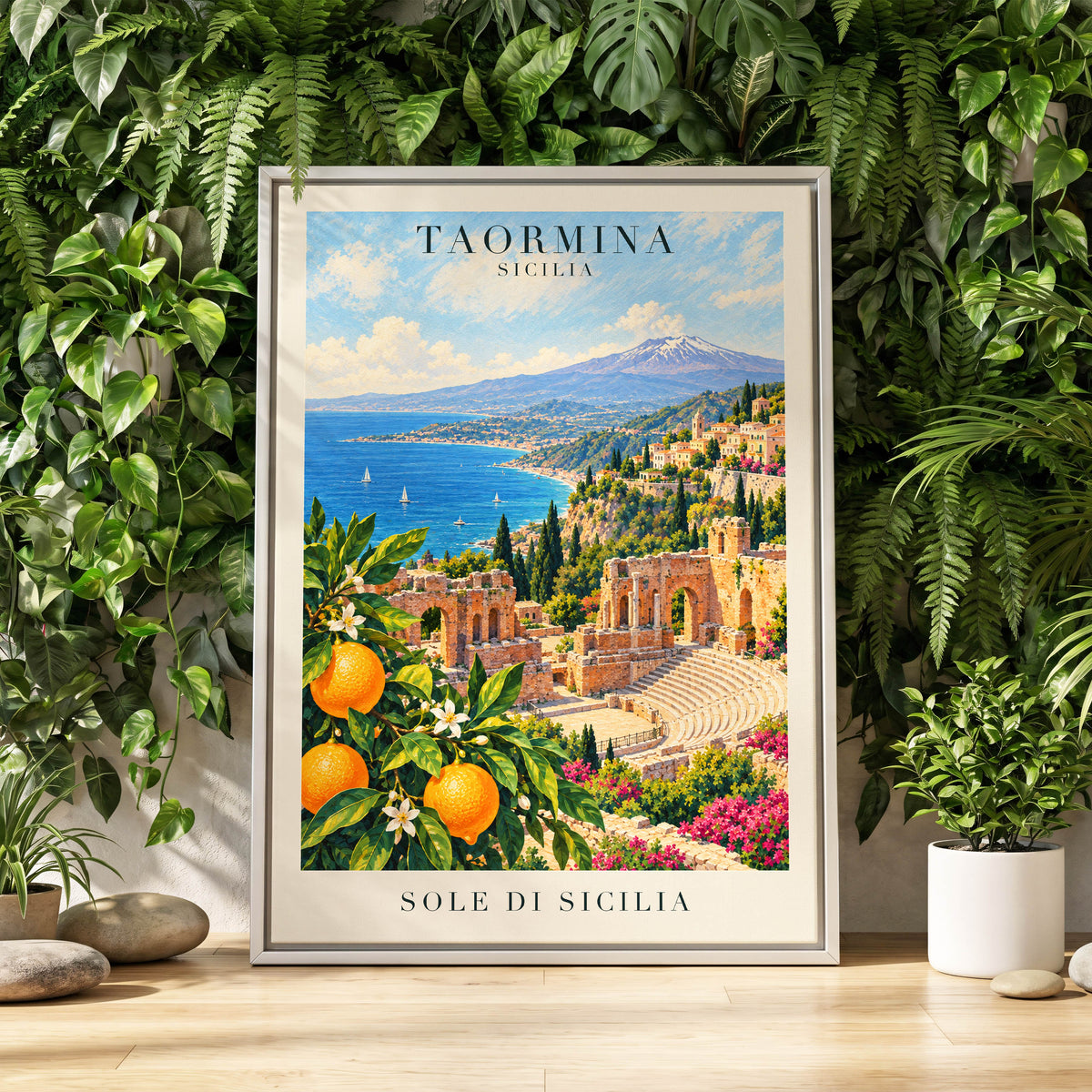 Taormina Sunlit Shores, blue, green, orange nature wall art displayed in a styled interior, gallery view 4