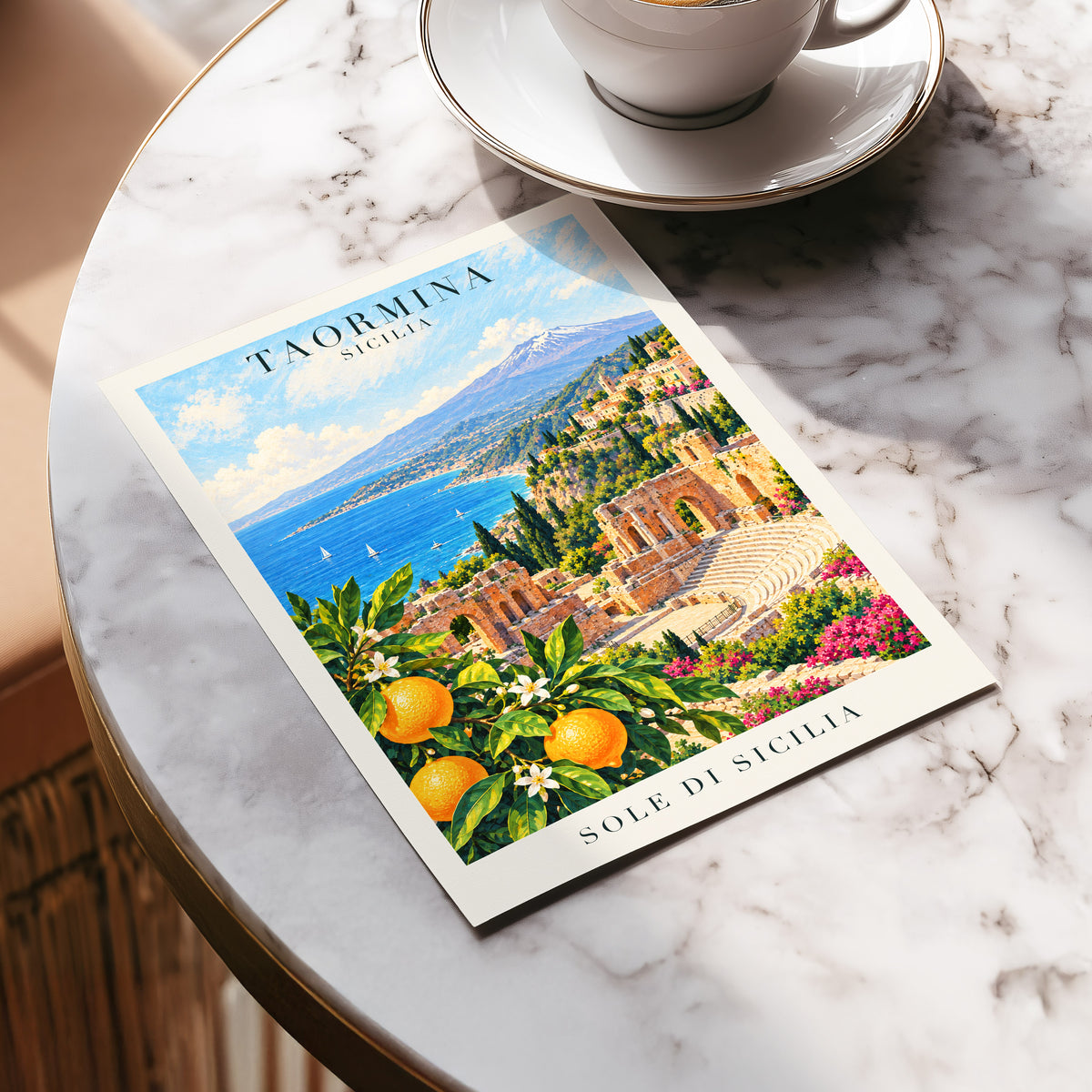 Taormina Sunlit Shores, blue, green, orange nature wall art displayed in a styled interior, gallery view 5