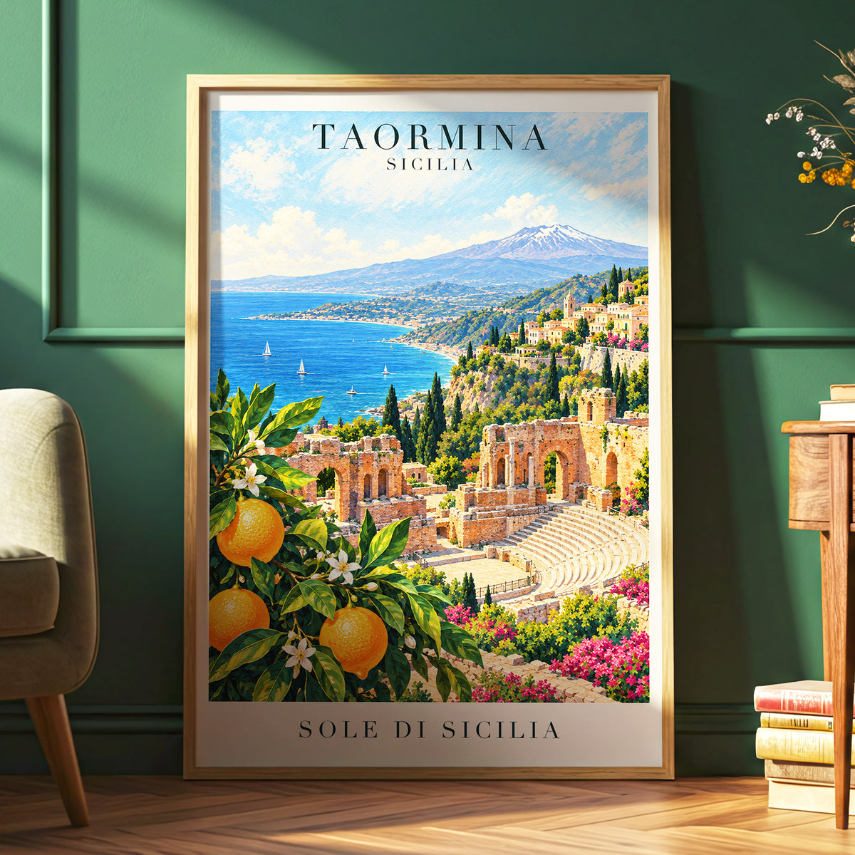 Taormina Sunlit Shores, blue, green, orange nature wall art displayed in a styled interior, gallery view 6