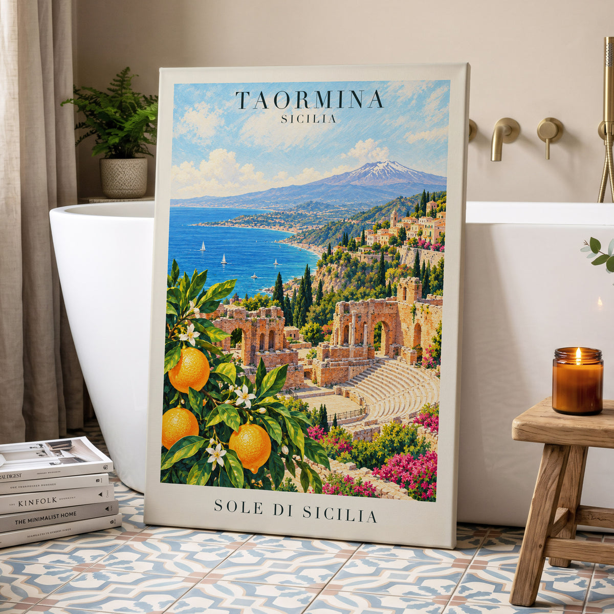 Taormina Sunlit Shores, blue, green, orange nature wall art displayed in a styled interior, gallery view 7
