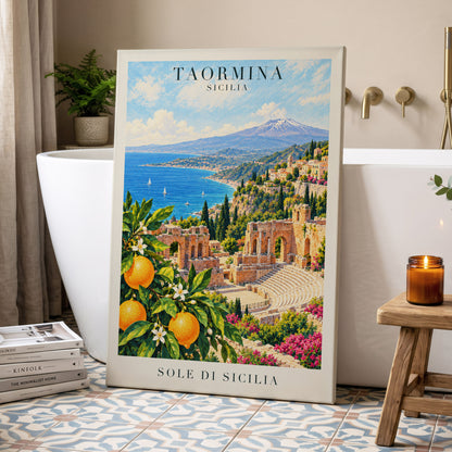 Taormina Sunlit Shores, blue, green, orange nature wall art displayed in a styled interior, gallery view 7