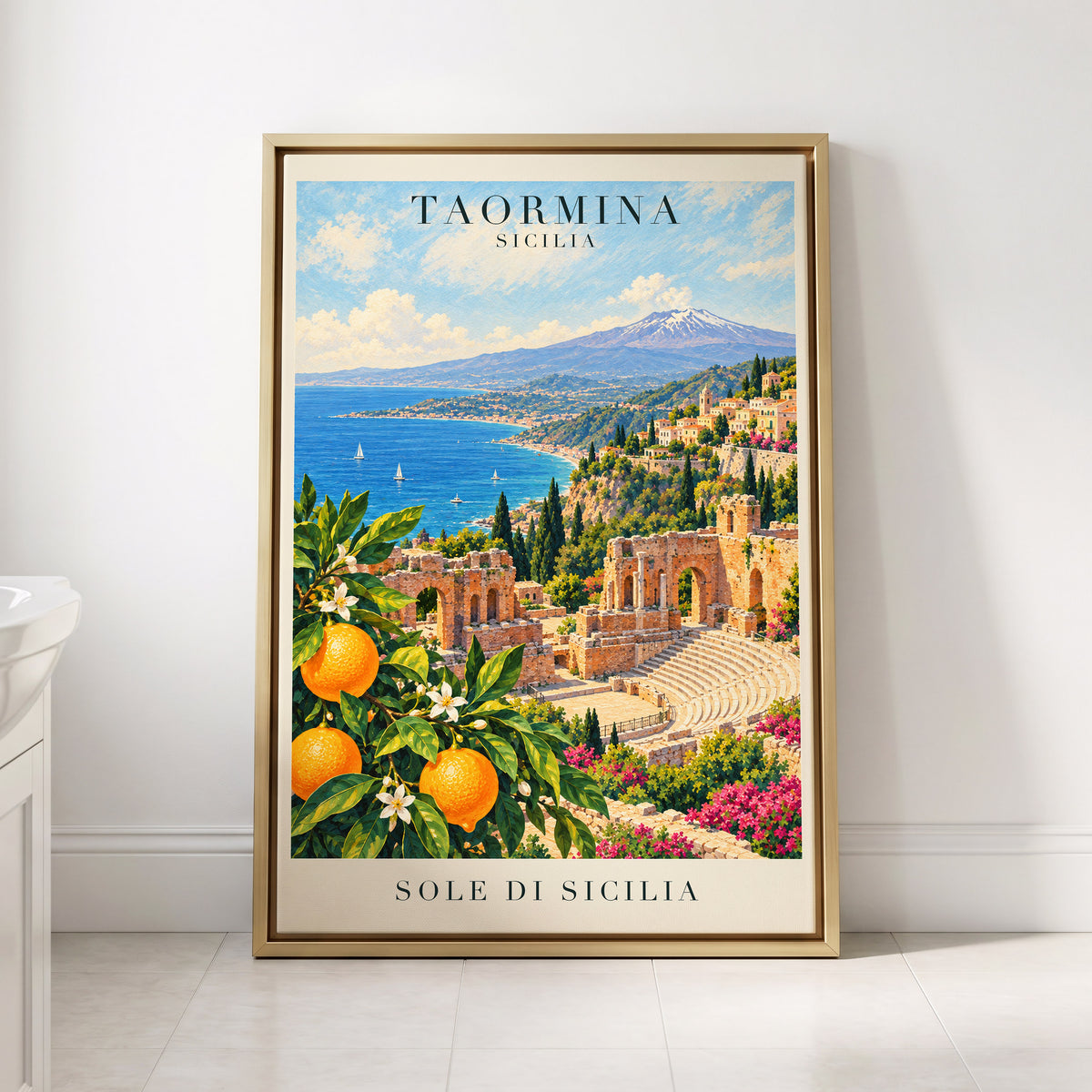 Taormina Sunlit Shores, blue, green, orange nature wall art displayed in a styled interior, gallery view 8
