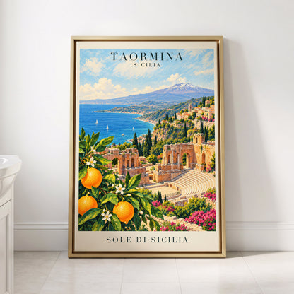 Taormina Sunlit Shores, blue, green, orange nature wall art displayed in a styled interior, gallery view 8