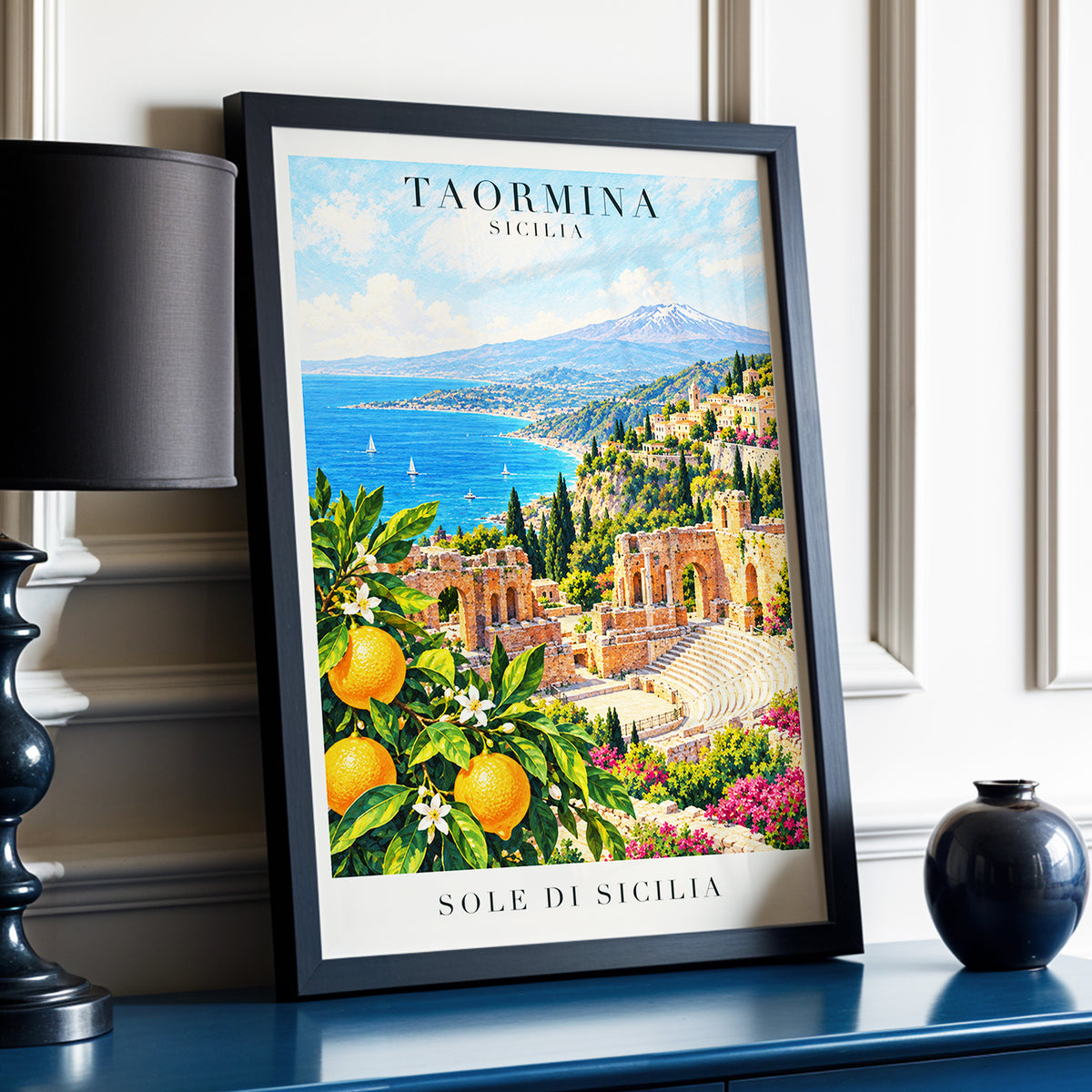 Taormina Sunlit Shores, blue, green, orange nature wall art displayed in a styled interior, gallery view 9