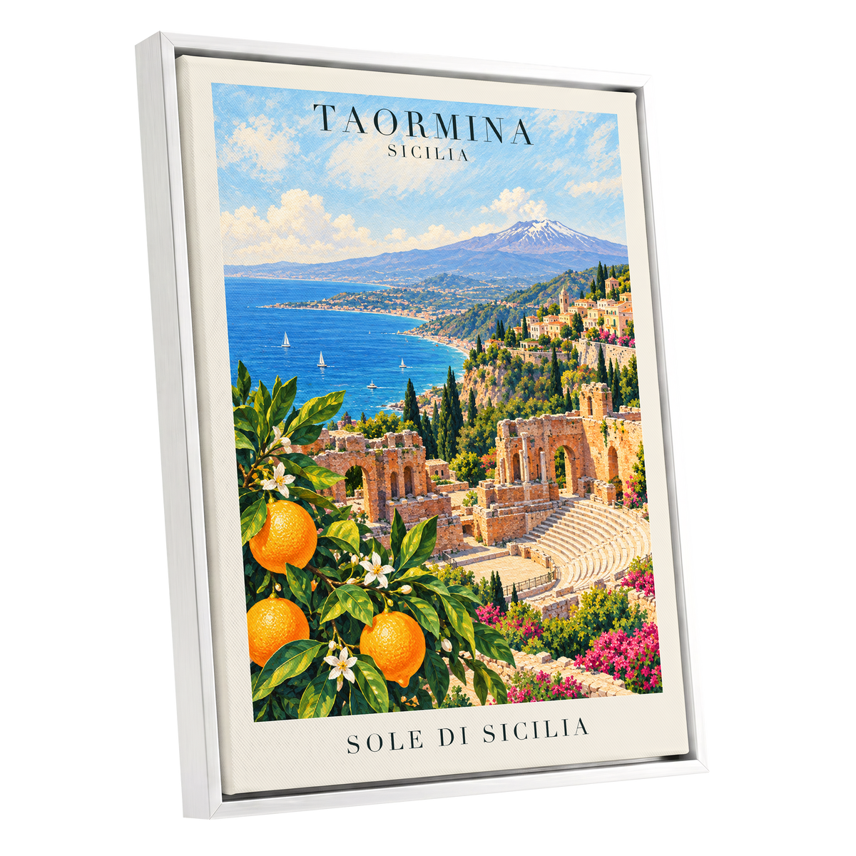 Taormina Sunlit Shores, blue, green, orange nature wall art shown as a white framed canvas wall art
