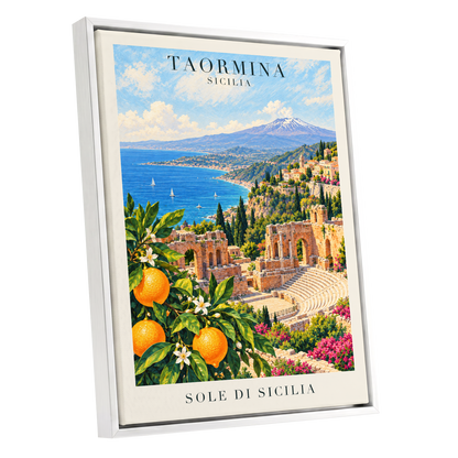 Taormina Sunlit Shores, blue, green, orange nature wall art shown as a white framed canvas wall art
