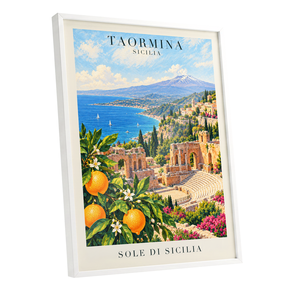 Taormina Sunlit Shores, blue, green, orange nature wall art shown as a white framed poster wall art print