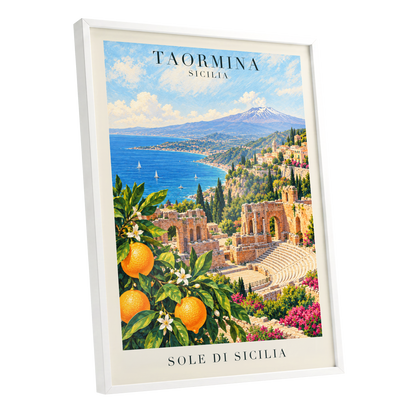 Taormina Sunlit Shores, blue, green, orange nature wall art shown as a white framed poster wall art print