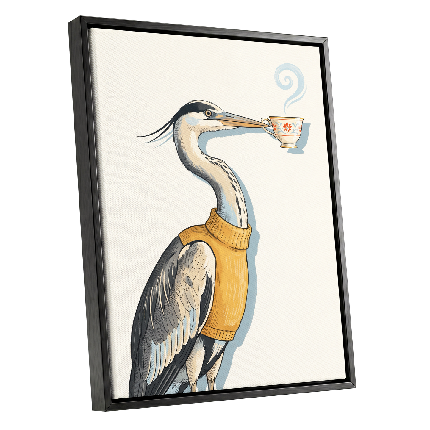 Tea for the Heron, beige, black, gold nature wall art shown as a black framed canvas wall art