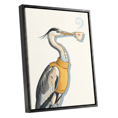 Tea for the Heron, beige, black, gold nature wall art shown as a black framed canvas wall art