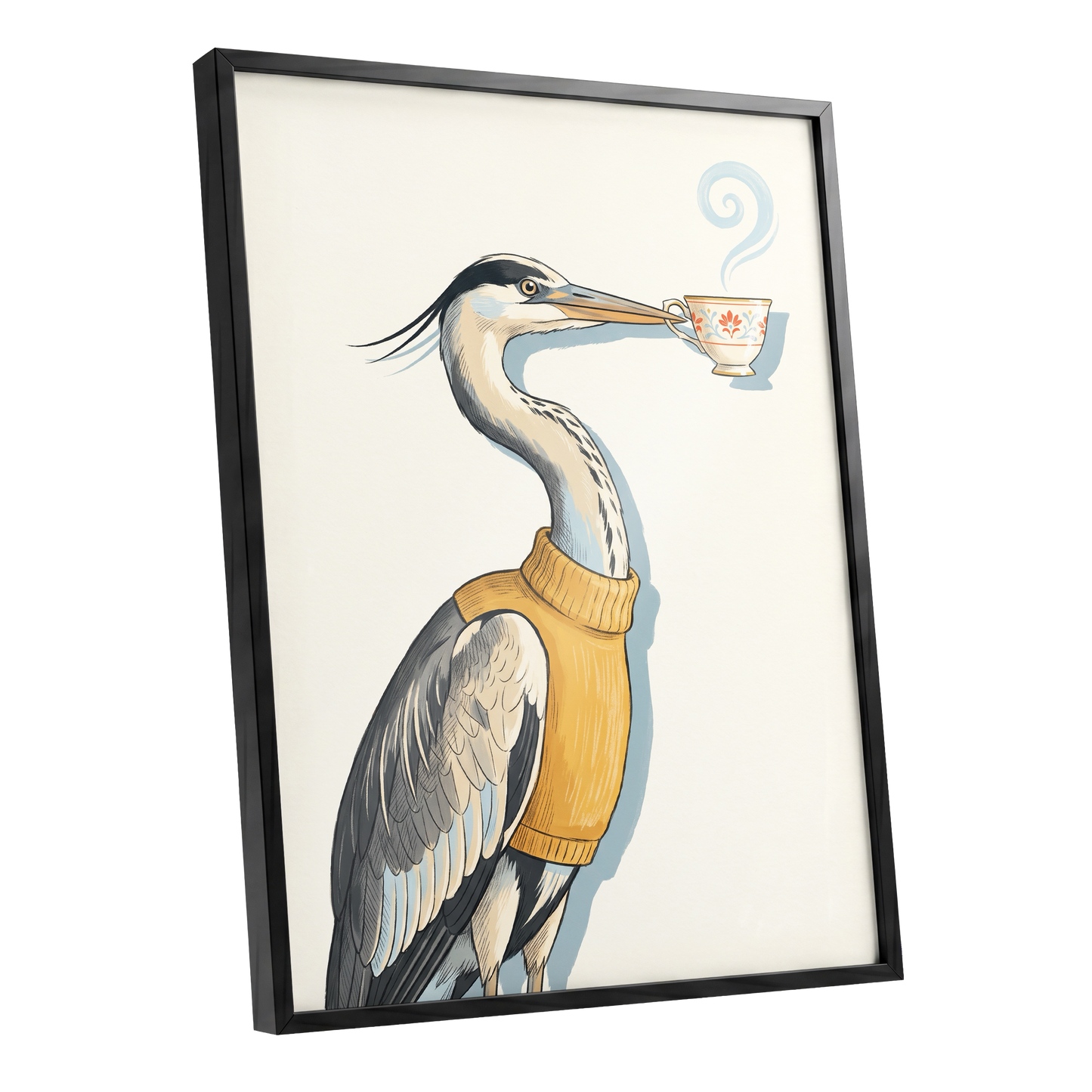 Tea for the Heron, beige, black, gold nature wall art shown as a black framed poster wall art print