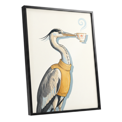 Tea for the Heron, beige, black, gold nature wall art shown as a black framed poster wall art print